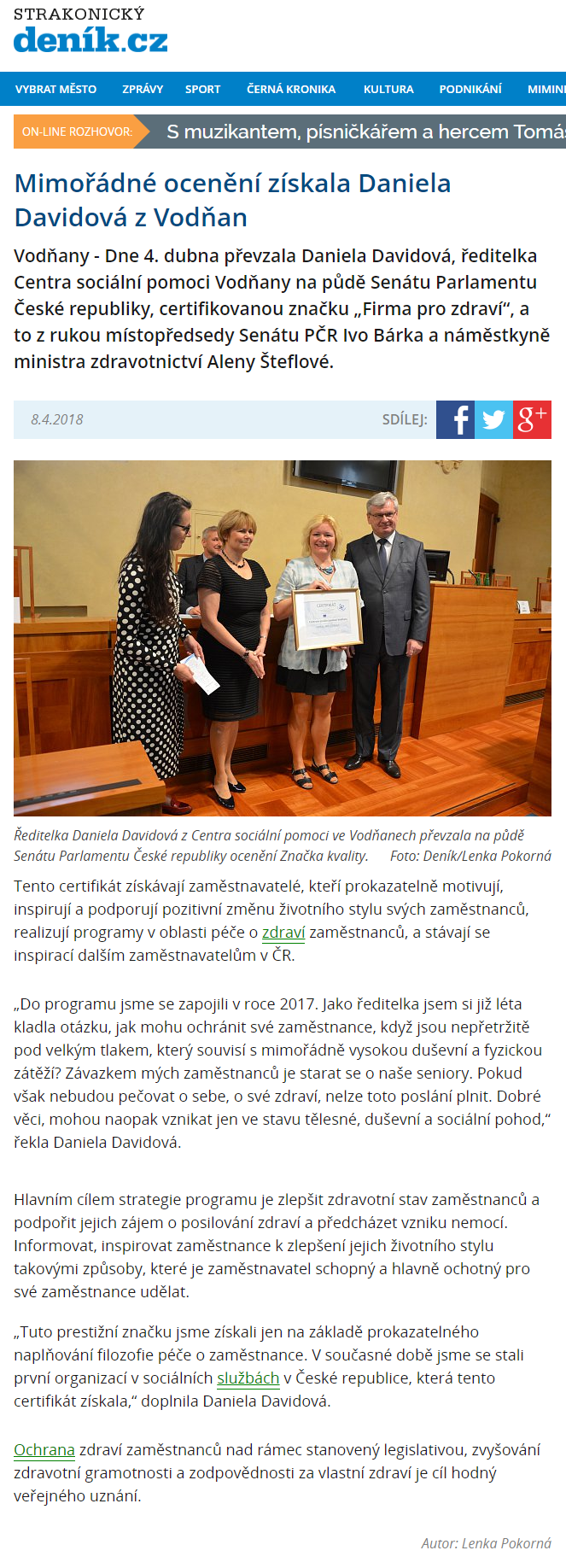 Obrázek - Mimořádné ocenění získala Daniela Davidová z Vodňan