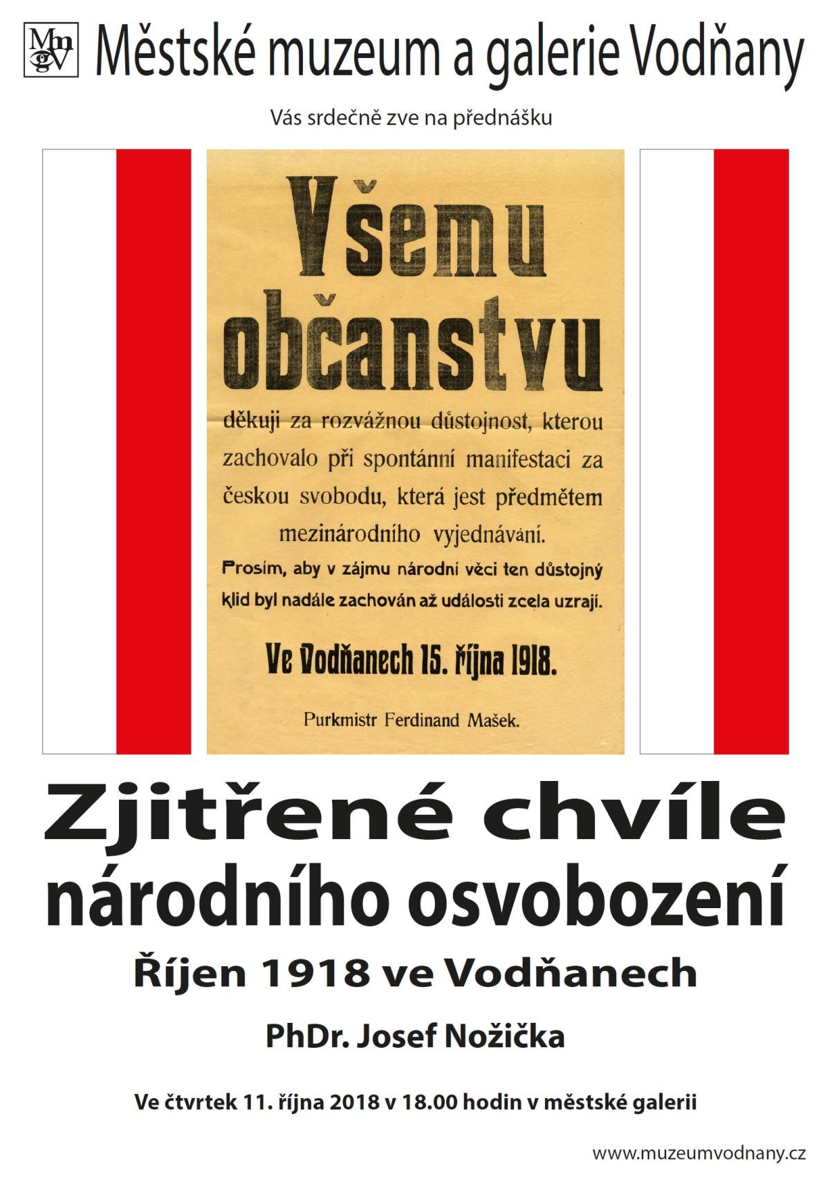 Plakát Zjitřené chvíle národního osvobození - Říjen 1918 ve Vodňanech
